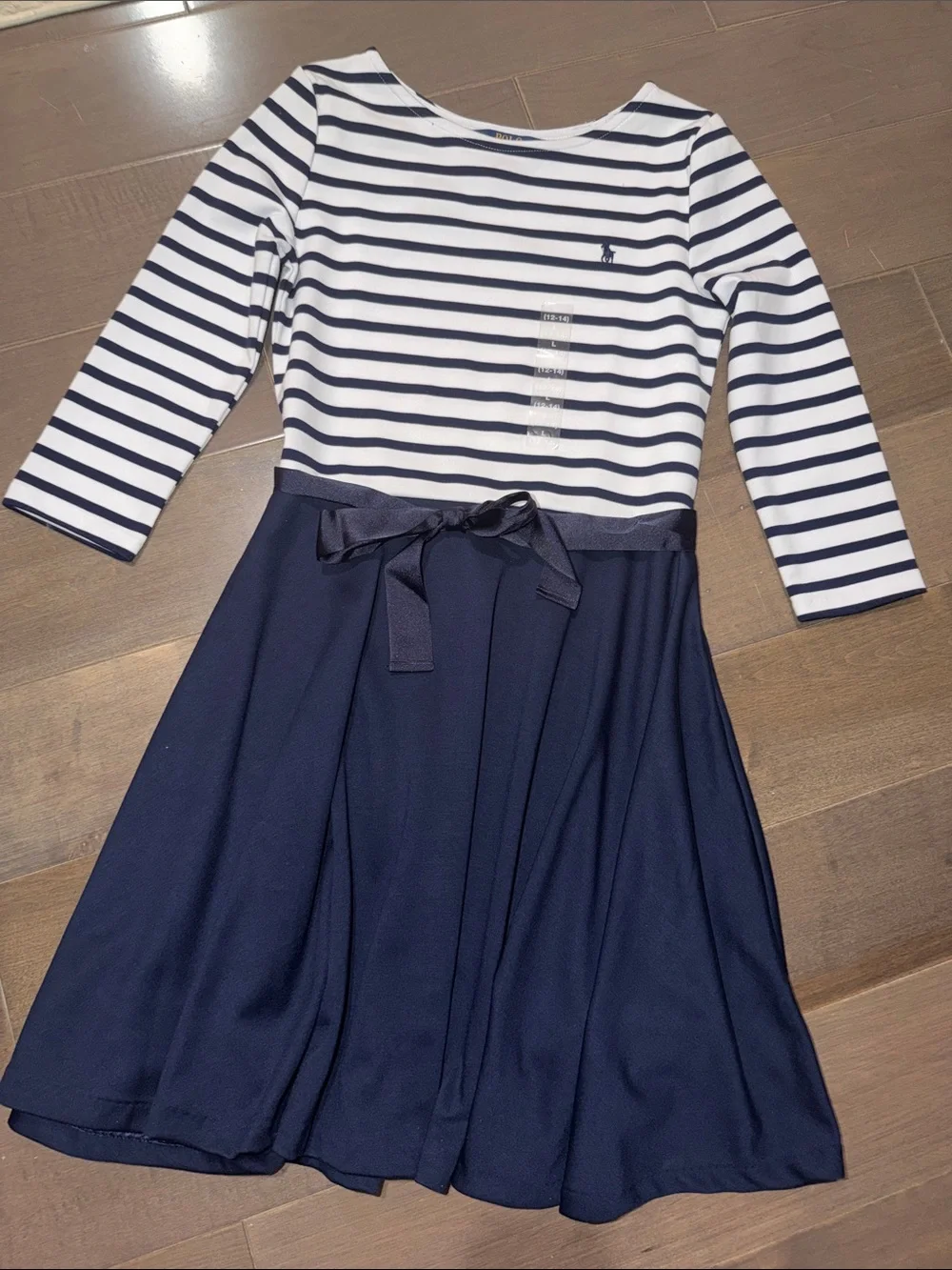 Girls Ralph Lauren Navy and White Striped Dress with Waist Bow